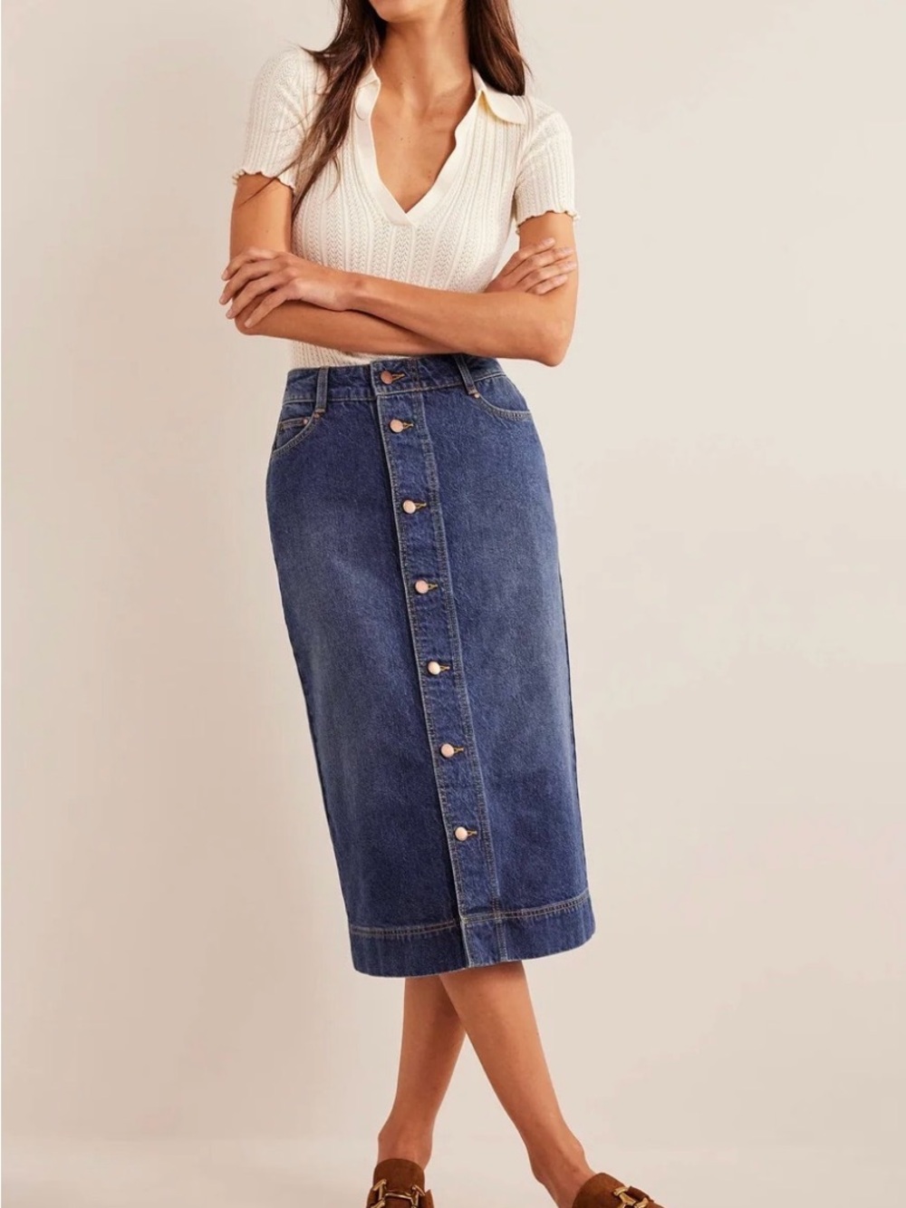 Boden Blue Button-Front Denim Midi Skirt